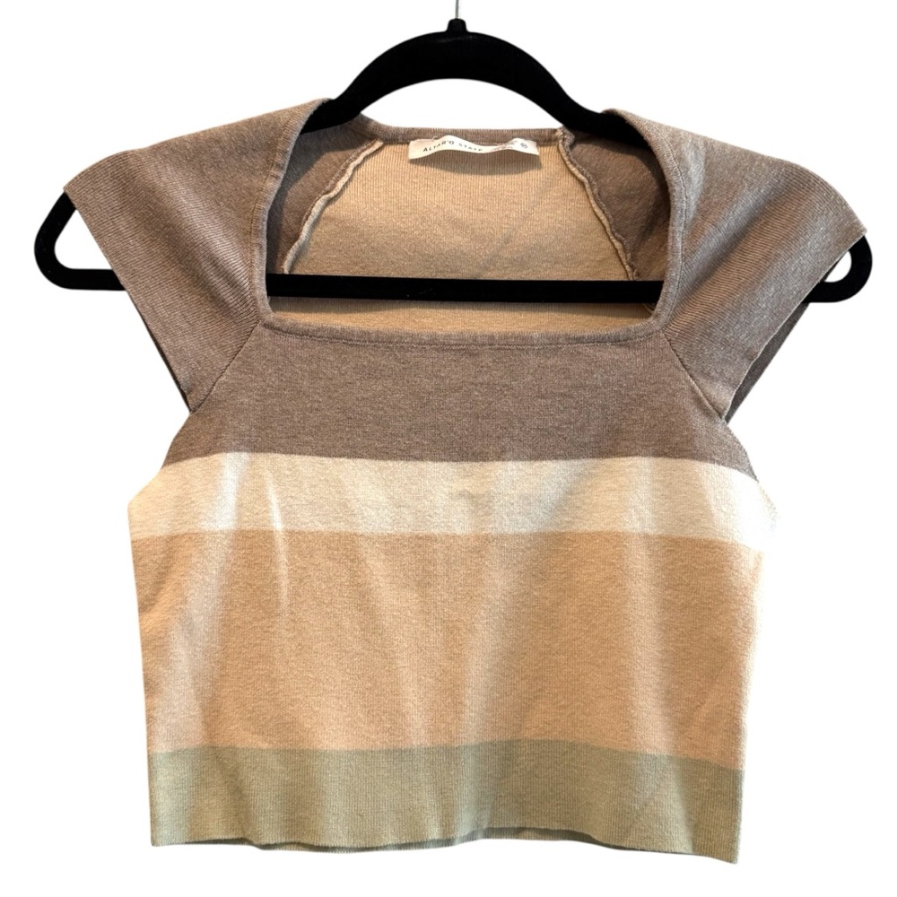 Altar'd State Knit Crop Top Tan Striped Square Neck Cap Sleeve Womens Medium